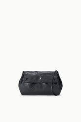 Black convertible bag with top flap, side pleats, and magnetic clasp