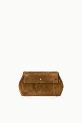 Cigar brown suede convertible bag with front flap and button closure