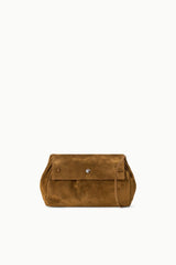 Cigar brown suede convertible bag with front flap and button closure