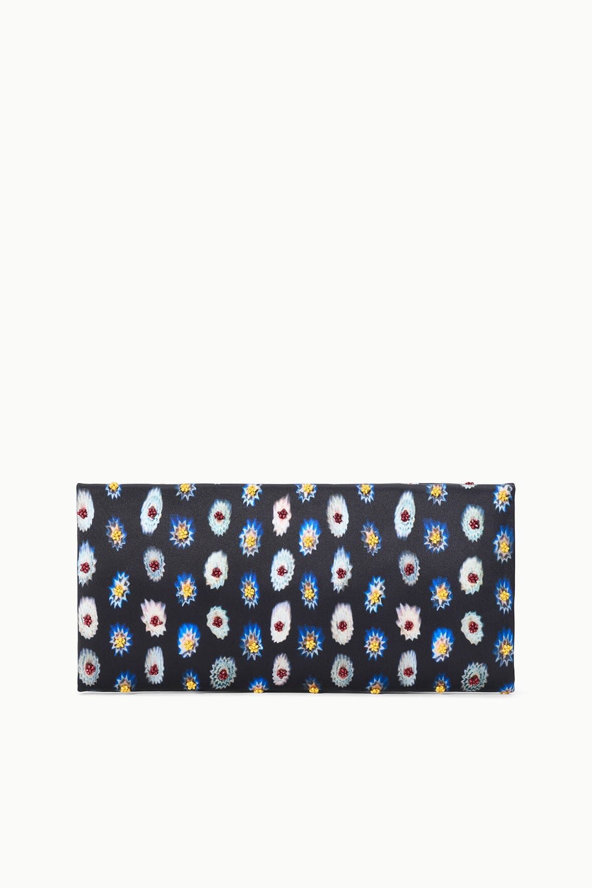 Navy glasswork clutch with colorful floral medallion pattern, slim rectangular design