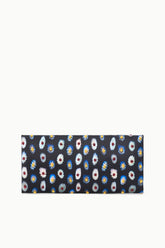 Navy glasswork clutch with colorful floral medallion pattern, slim rectangular design