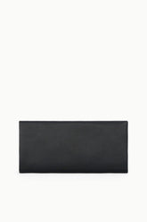 Black rectangular clutch bag with smooth fabric front and minimal hardware