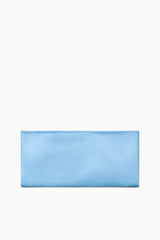 MUSE clutch in light blue, rectangular satin design with top zipper closure
