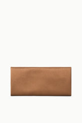 Tan leather clutch bag with top flap and minimal hardware.