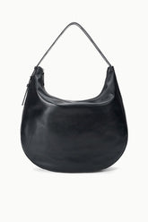 Black hobo bag with curved top handles and side zip pull tabs