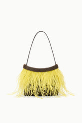 Yellow fringe mini handbag with arched top handle and dark beaded collar trim.