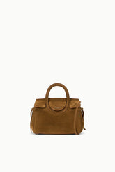 Cigar-brown mini carryall handbag with curved top handles and snap-front pocket.