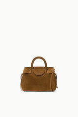 Cigar-brown mini carryall handbag with curved top handles and snap-front pocket.