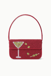 Red beaded handbag with top handle and front flap featuring a cocktail glass motif