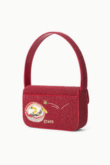 Burgundy/red beaded handbag with top handle, front logo patch, and cocktail glass beading