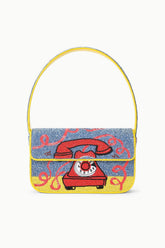 TOMMY beaded bag front view, yellow handle, red phone graphic on blue textured base.