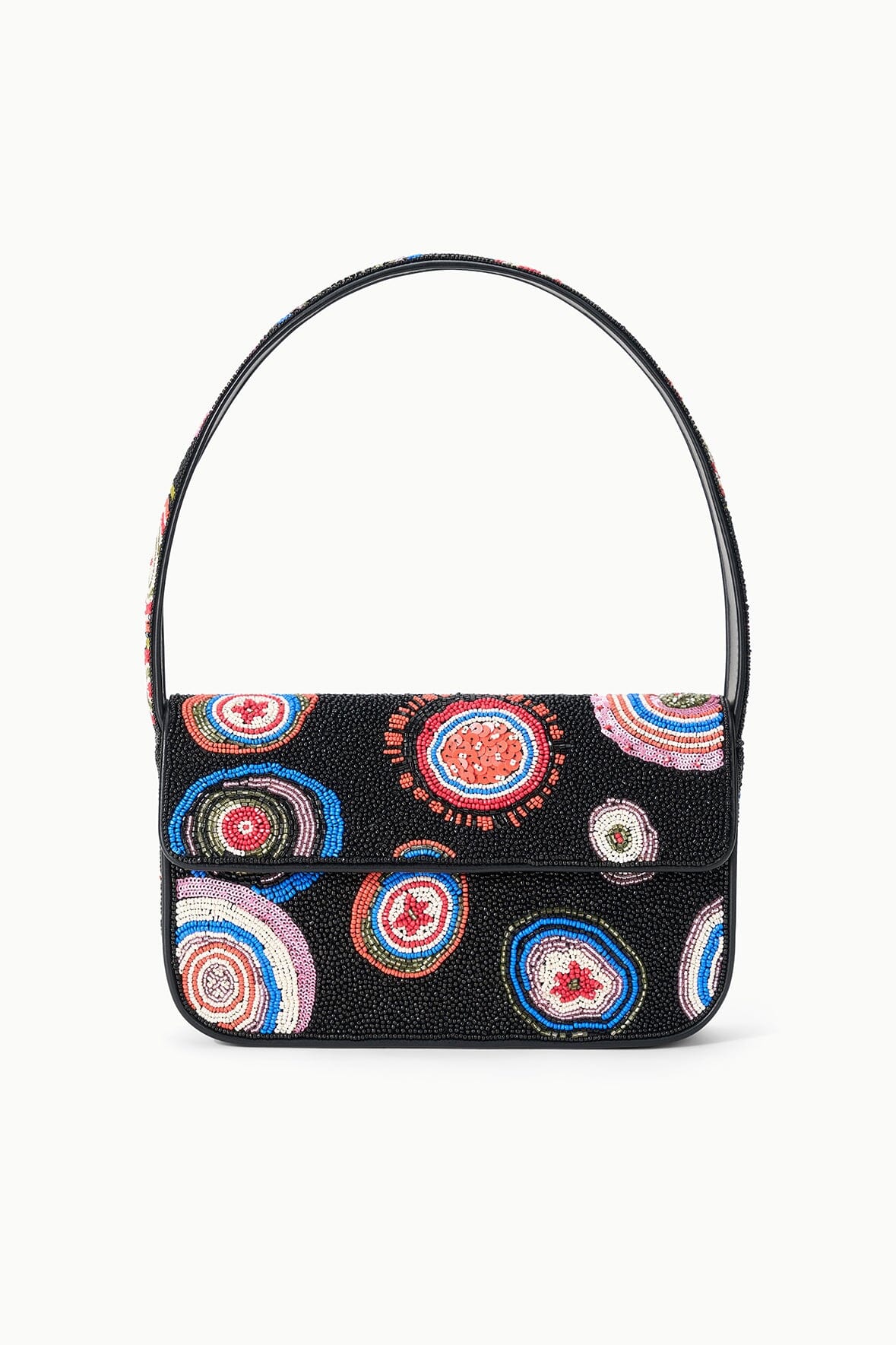 Black beaded handbag with flap and clasp, multicolor circular bead embroidery on front