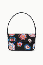 Black beaded handbag with flap and clasp, multicolor circular bead embroidery on front