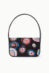 Black beaded handbag with flap and clasp, multicolor circular bead embroidery on front