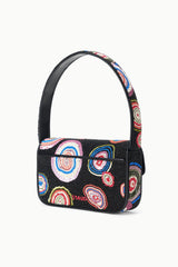 Black beaded handbag side view with flap, colorful round bead motif and top handle