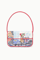 Beaded mini bag with red handles and colorful pattern, rectangular flap top