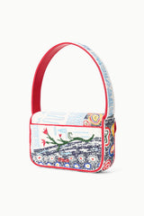 Beaded mini bag with red top handles and multicolor scene pattern, front flap
