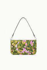 Woodland print convertible shoulder bag with green floral fabric and silver zipper