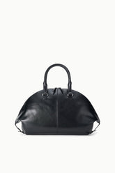 Black leather-look satchel bag with top handles and zip closure