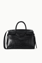 Black croc-embossed carryall bag with top handle and side shoulder strap