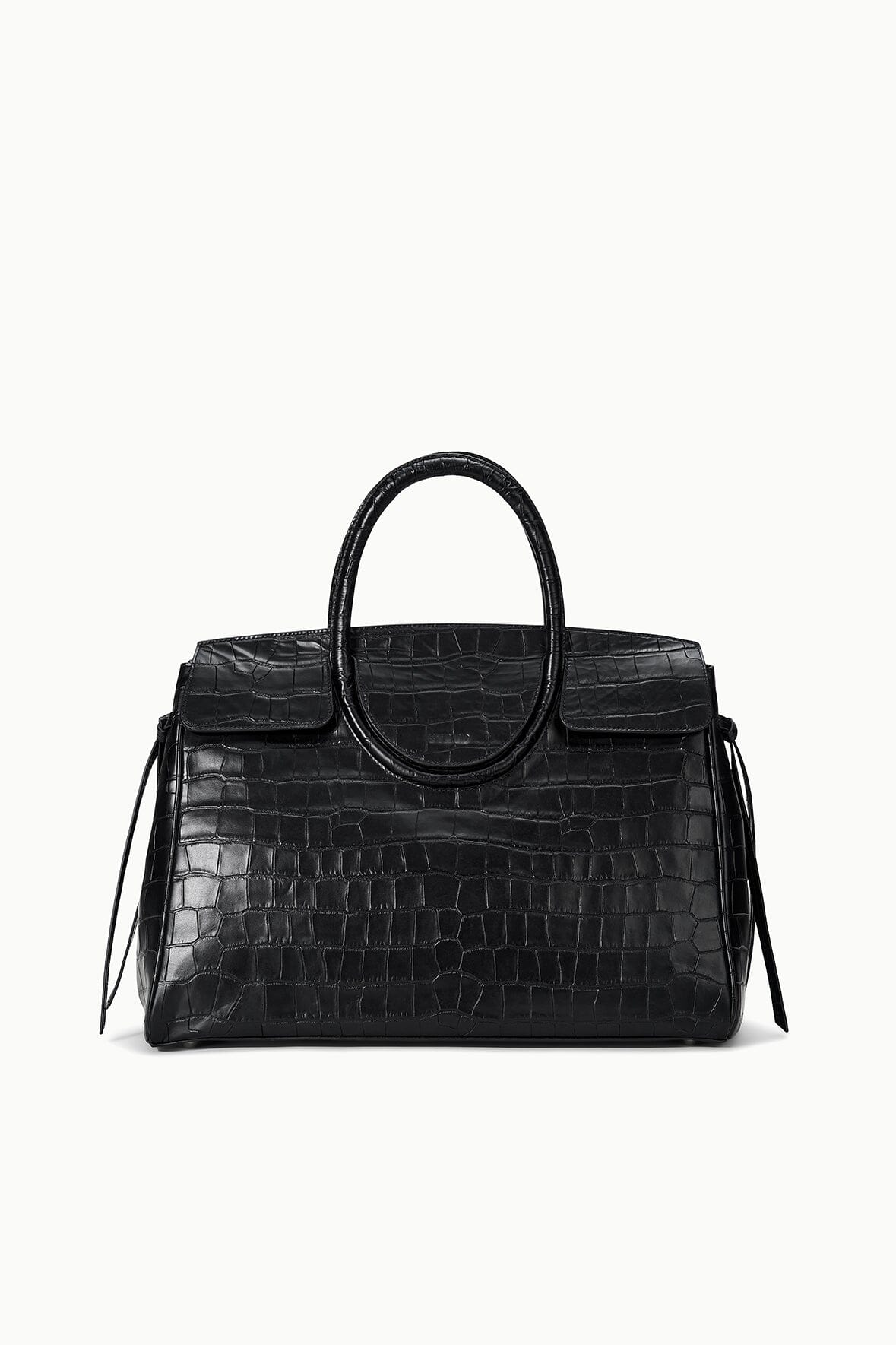 Black croc-embossed carryall with curved top handles and flap pockets