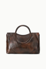 Espresso brown distressed leather satchel with oval top handle and curved front panel