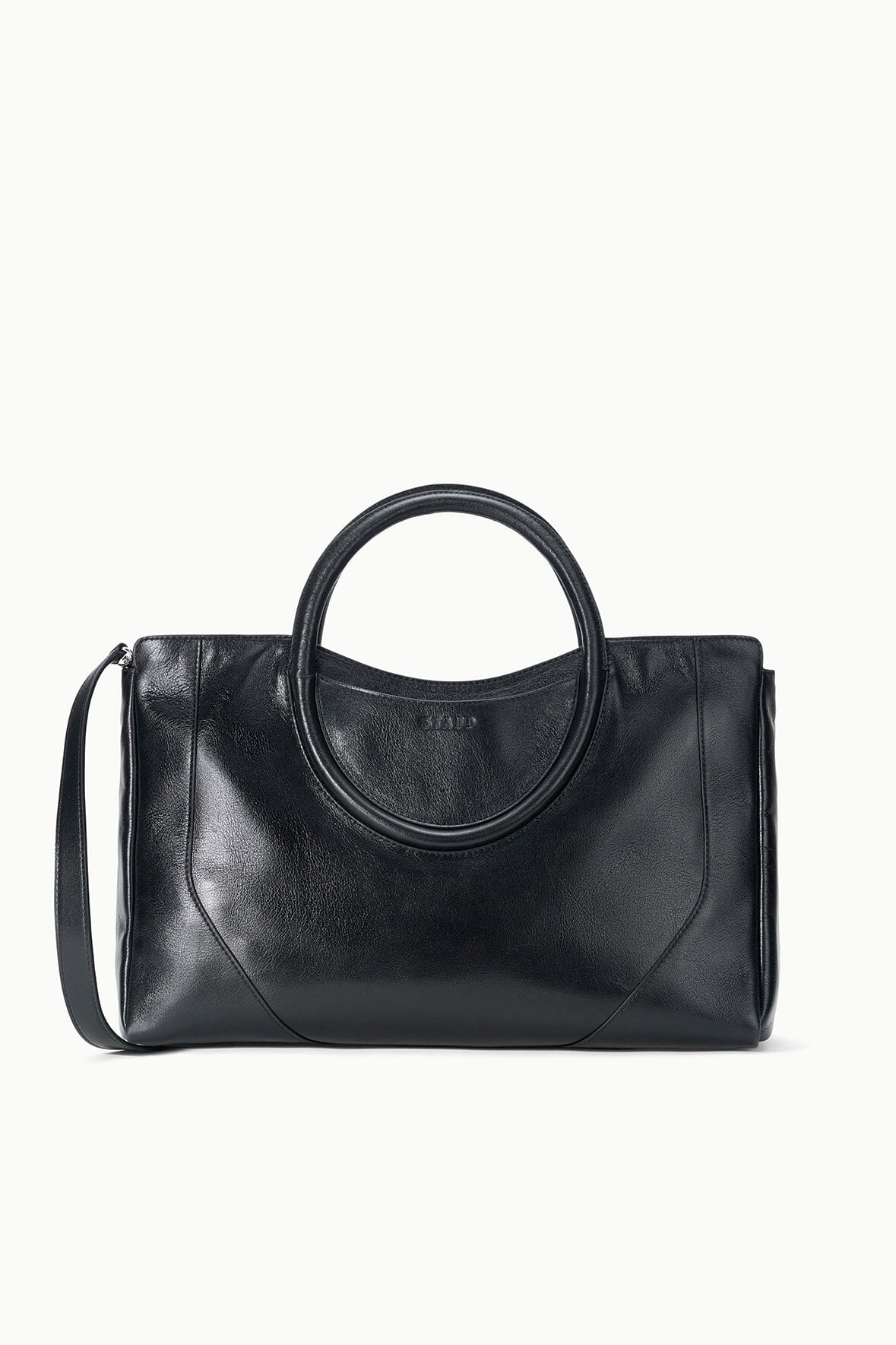 Maude black satchel with top oval handle and front panel seam detail