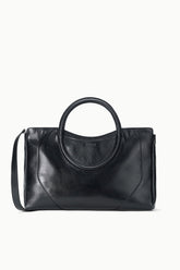 Maude black satchel with top oval handle and front panel seam detail
