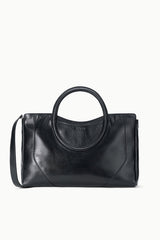 Maude black satchel with top oval handle and front panel seam detail