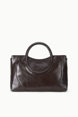 Espresso snake-embossed satchel with curved handle and structured top silhouette