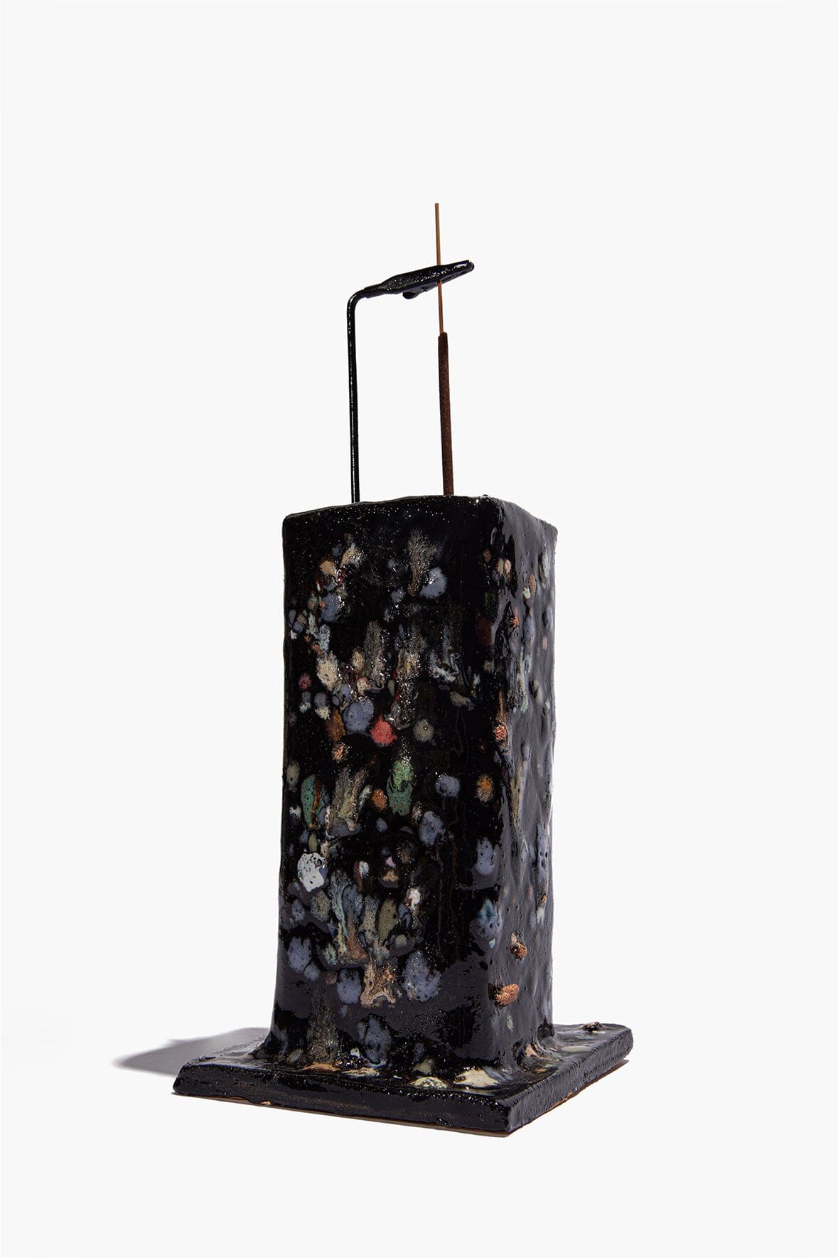 Ceramic tower incense holder with flat square base, dark confetti speckled glaze