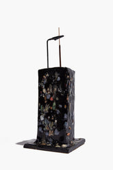 Ceramic tower incense holder with flat square base, dark confetti speckled glaze