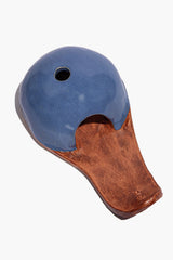 Blue ceramic incense holder with side opening and burnt orange base