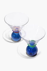 Beaded martini glass pair with blue bases and multicolor beaded rims and stems