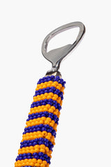 Beaded bottle opener with metal loop handle and blue/orange striped bead pattern