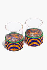 Beaded whiskey bar set cups, dark blue, orange, and green beadwork with clear tops