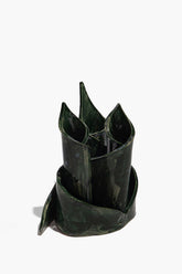 Ceramic triple candlestick holder with three pointed candle cups, forest-green glaze finish