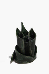Ceramic triple candlestick holder with three pointed candle cups, forest-green glaze finish
