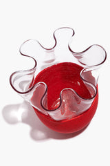 Red beaded vase with scalloped wavy clear glass top
