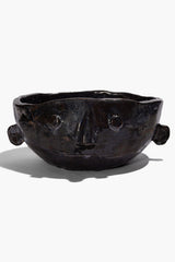 Large Henry bowl front view in dark glaze with two side knobs and smooth inner basin.