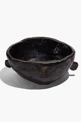 Large Henry bowl in dark glaze with sculpted rim and two side knobs; round interior.