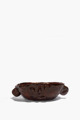 Medium Henry bowl with dark bronze glaze, scalloped rim and twin side handles.