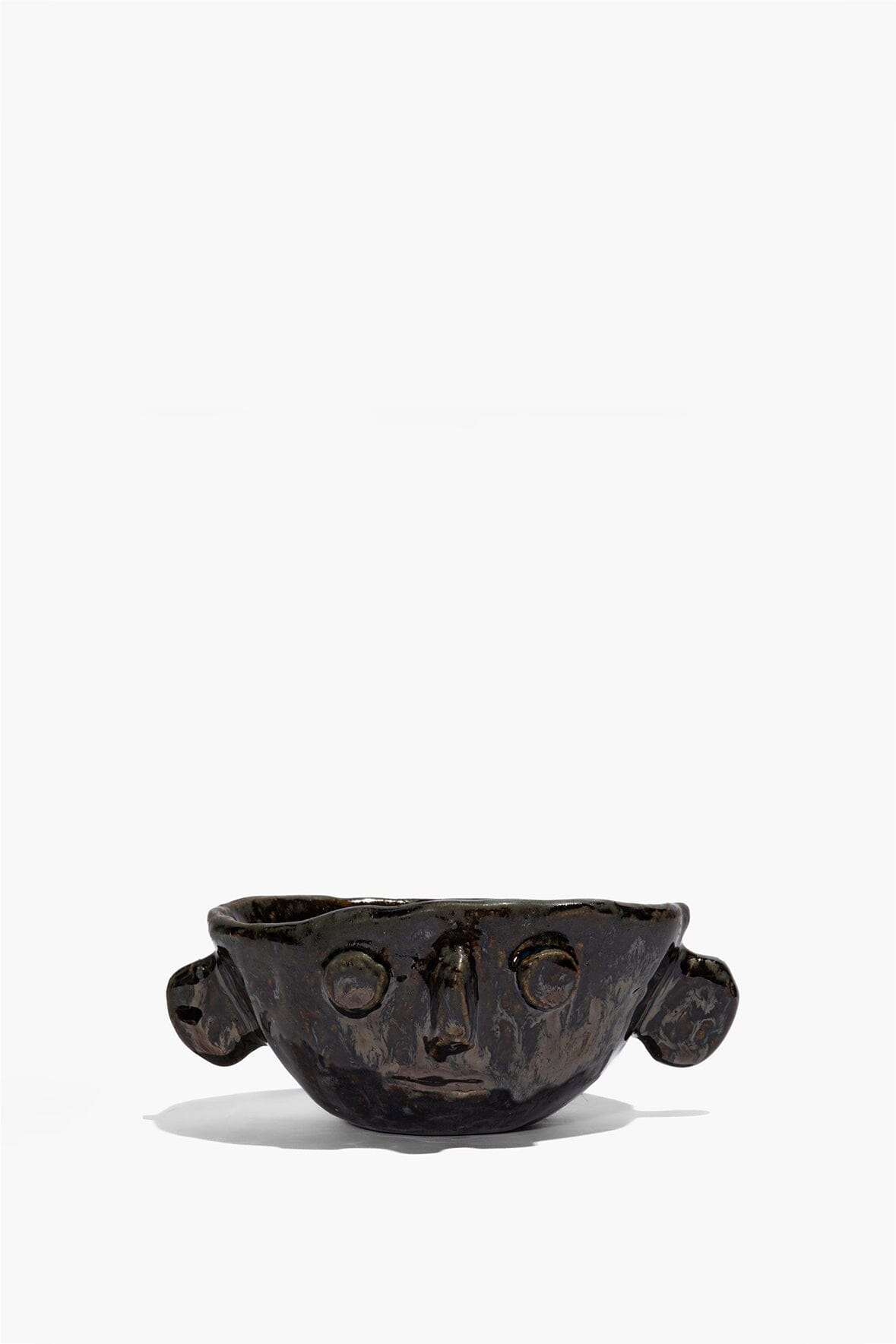 Small Henry bowl front view, dark glazed ceramic with two raised side handles