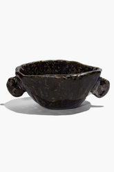 Small Henry bowl in dark steel glaze with sculpted handles, blue highlights