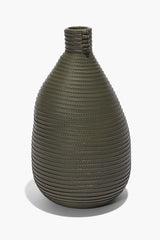 Moss wrapped vase with narrow neck and ribbed stitched pattern