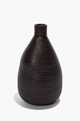 Wrapped vase in dark espresso brown with ribbed texture and narrow neck