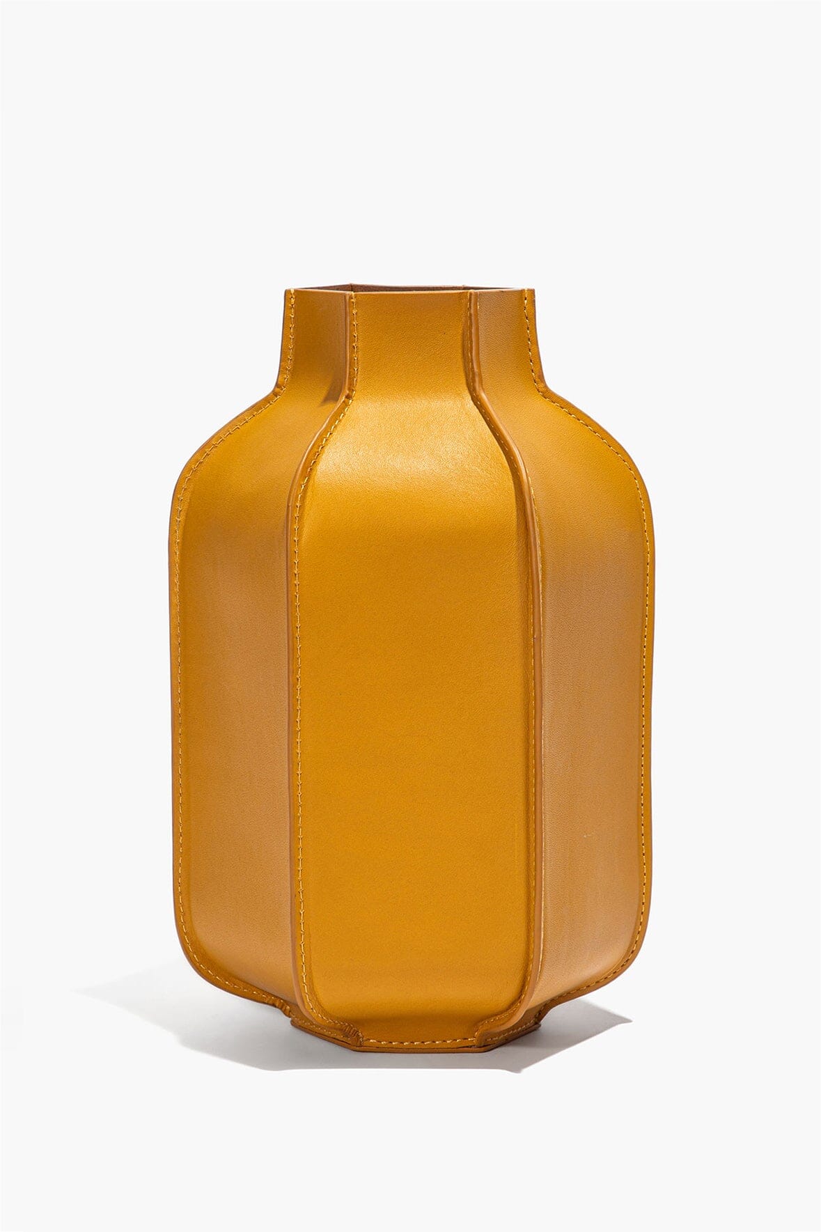 Goldenrod leather bottle vase with tall tapered shape and stitched edges