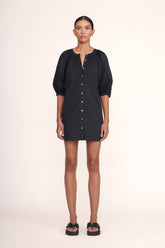 Black mini dress with button-front placket and gathered puff sleeves