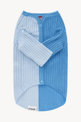 Periwinkle blue knit dog sweater with ribbed texture and button-front placket