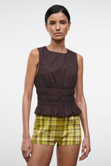 Brown sleeveless top with round neck and ruched peplum hem